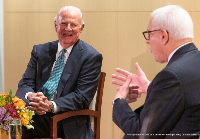 Secretary Baker is interviewed by David Rubenstein at the 2019 Excellence in Diplomacy Award dinner on November 5, 2019. Photograph by Carl Cox. Courtesy of the Diplomacy Center Foundation.